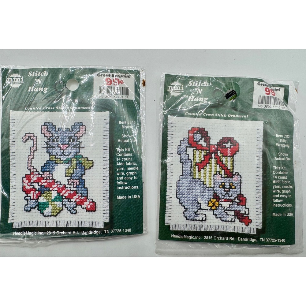 NeedleMagic Stitch N Hang Cross Stitch Ornament Kit 2pk Mouse Kitty 3345 3343
